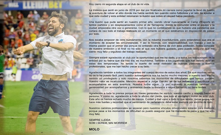 Sentida carta de Mollo a l'afició del Lleida Esportiu després de dos anys en la banqueta / Twitter Molo