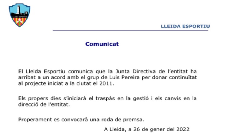Nota oficial del Lleida Esportiu sobre l'acord amb Luis Pereira