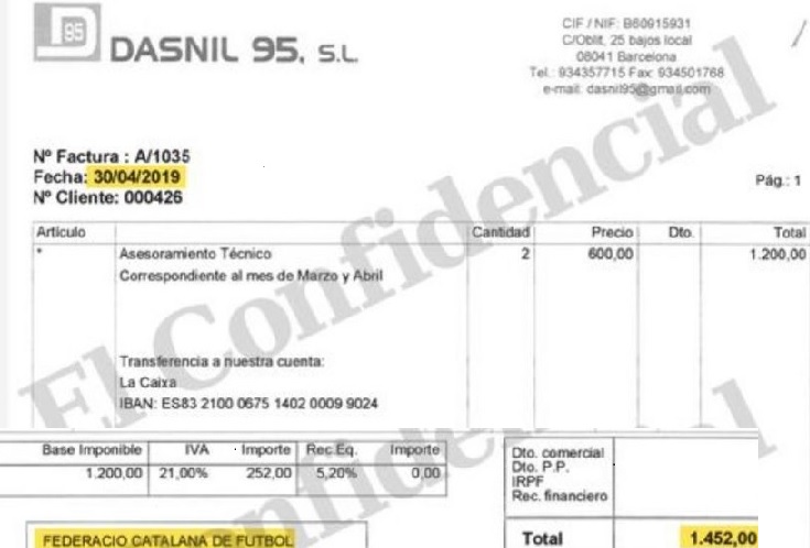 Una de les factures abonades per la FCF a Enríquez Negrerira en el 2019 sota presidència de Soteras // El Confidencial