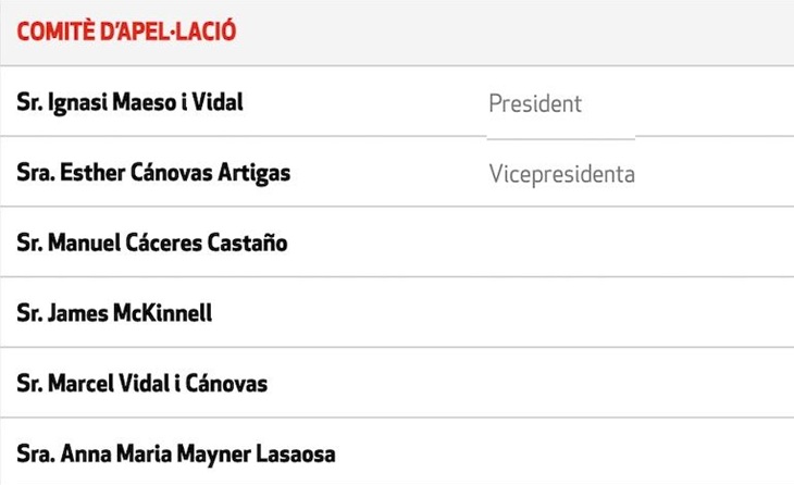 Aquests són els 6 membres del Comitè d'Apel·lació de la Catalana i aquesta setmana ja ho poden deixar de ser // CAPTURA : FCF