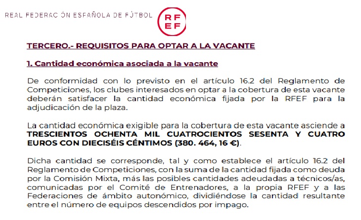 380.464,16 euros per plaça de 2a Federació, aquesta és la quantitat que marca l'RFEF // CAPTURA RFEF